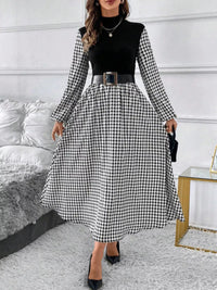 Vintage-Trapezkleid mit Hahnentrittmuster – hoher Kragen