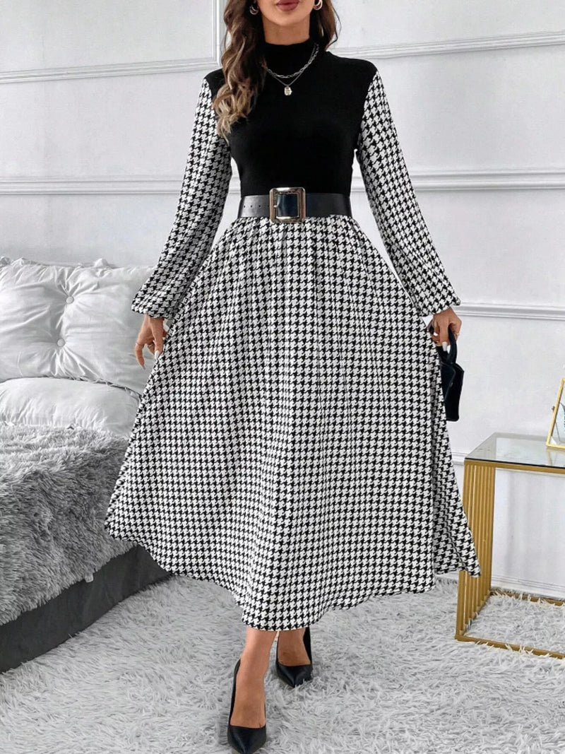 Vintage-Trapezkleid mit Hahnentrittmuster – hoher Kragen