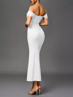 Robe Sirène Longue Blanche Épaules Dénudées Froncée - Soirée & Mariage | Silhouette-Chic