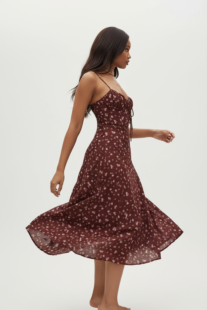 Robe bordeaux à fleurs en mouvement gracieux - vue de profil latéral montrant la fluidité exceptionnelle du tissu polyester 100%, la longueur midi flatteuse qui arrive au mollet et allonge la silhouette, le drapé sophistiqué de la robe en rotation, et les bretelles fines ajustables - Style éditorial haute couture accessible - Vêtements élégants à prix doux Black-Coat