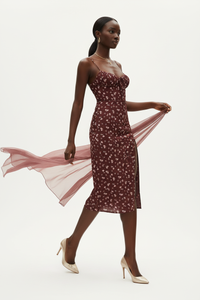 Robe Midi Bordeaux Imprimé Floral avec Fente - Romance Florale | Silhouette-Chic