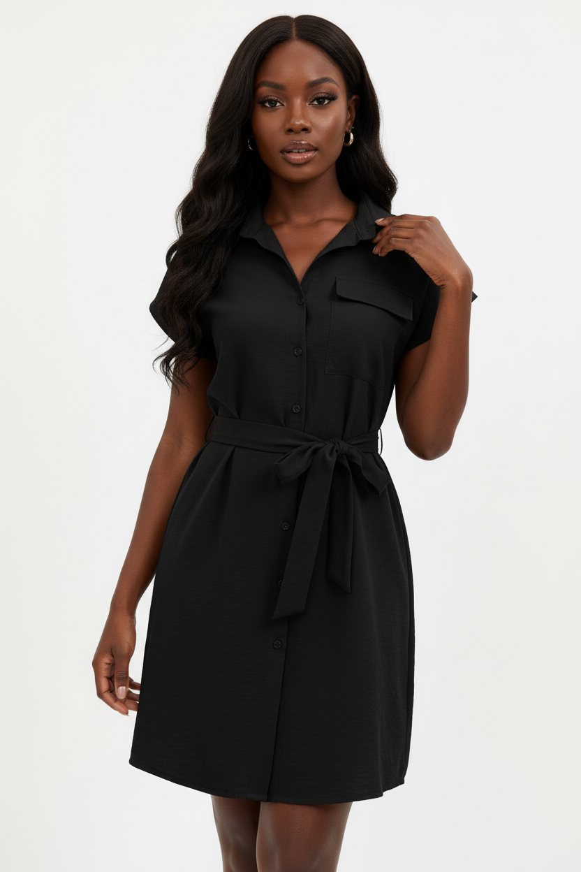 Robe chemise mini boutonnée col chemisier pointu avec poche poitrine patch, boutonnage frontal complet et ceinture nouée sculpturale en obsidienne profonde - vue de face complète sur fond blanc studio montrant la silhouette élégante et sophistiquée, le tissu 100% polyester en obsidienne intemporelle - Mannequin en pose confiante et professionnelle - Collection mode féminine accessible premium Black-Coat