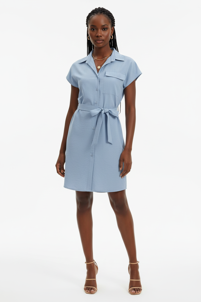 Robe chemise mini boutonnée col chemisier pointu avec poche poitrine patch, boutonnage frontal complet et ceinture nouée sculpturale en bleu ciel - vue de face complète sur fond blanc studio montrant la silhouette élégante et professionnelle, le tissu 100% polyester en bleu ciel lumineux - Mannequin en pose confiante et chic - Collection mode féminine accessible premium Black-Coat