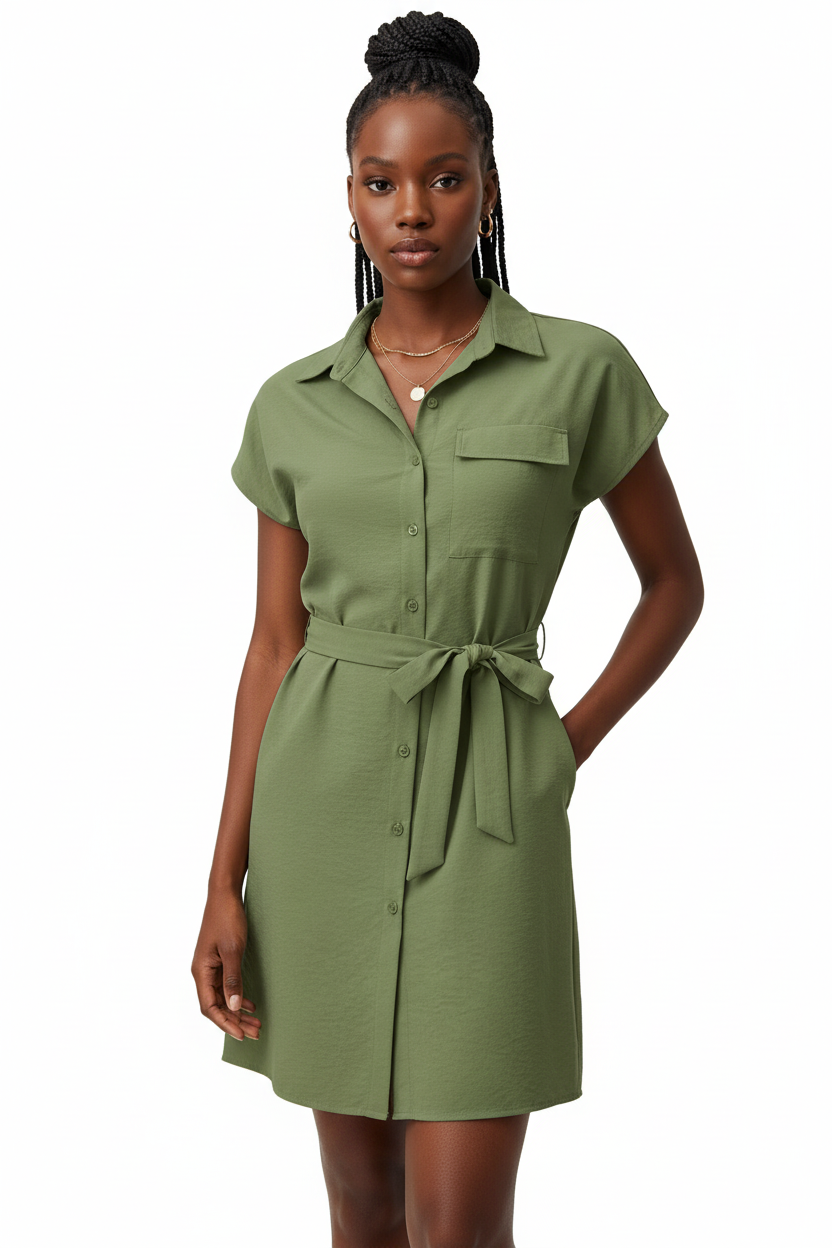 Robe chemise mini boutonnée col chemisier pointu avec poche poitrine patch, boutonnage frontal complet et ceinture nouée sculpturale en vert militaire - vue de face complète sur fond blanc studio montrant la silhouette élégante et utilitaire chic, le tissu 100% polyester en vert militaire tendance - Mannequin en pose confiante et dynamique - Collection mode féminine accessible premium Black-Coat