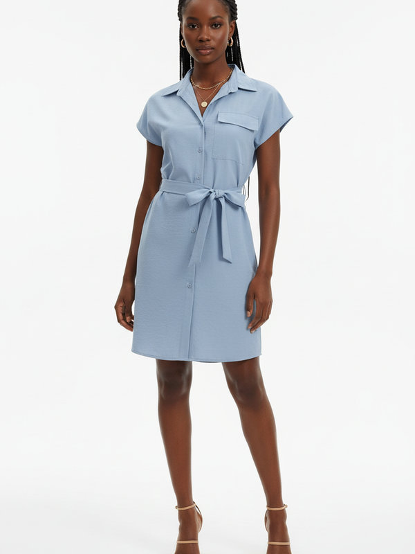 Robe Chemise Mini Boutonnée Col Chemisier Poche Poitrine Ceinture Nouée