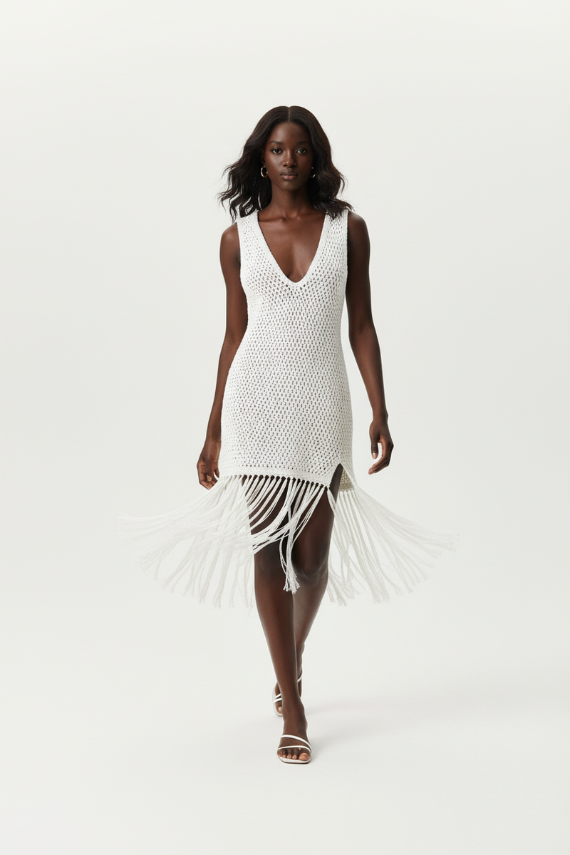 Robe Cover-Up Crochet Ajouré sans Manches avec Fente - Bohème Estivale | Silhouette-Chic