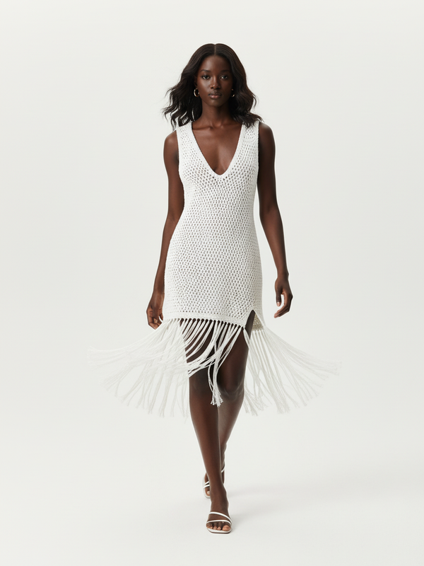 Robe Cover-Up Crochet Ajouré sans Manches avec Fente - Bohème Estivale | Silhouette-Chic