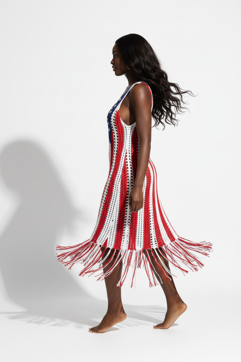 Robe cover-up crochet multicolore en mouvement gracieux - vue de profil latéral montrant la fluidité du coton ajouré, l'imprimé festif rouge blanc bleu avec étoiles, la fente latérale sensuelle, et les détails franges bohèmes - Style éditorial festif accessible - Vêtements élégants à prix doux Black-Coat