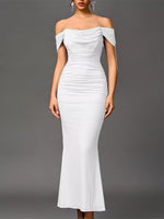 Robe Sirène Longue Blanche Épaules Dénudées Froncée - Soirée & Mariage | Silhouette-Chic