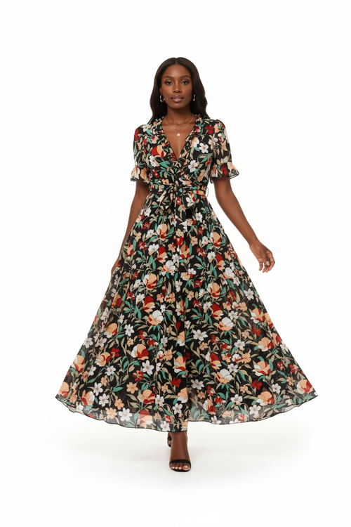 Robe Maxi Fleurie Col V Froufrous Manches Courtes Ceinture Nouée