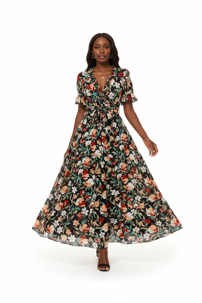 Robe Maxi Fleurie Col V Froufrous Manches Courtes Ceinture Nouée