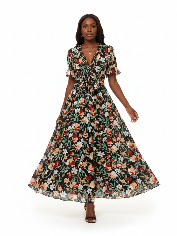Robe Maxi Fleurie Col V Froufrous Manches Courtes Ceinture Nouée