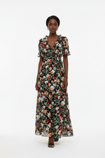Robe Maxi Fleurie Col V Froufrous Manches Courtes Ceinture Nouée