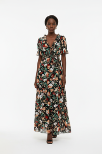 Robe Maxi Fleurie Col V Froufrous Manches Courtes Ceinture Nouée