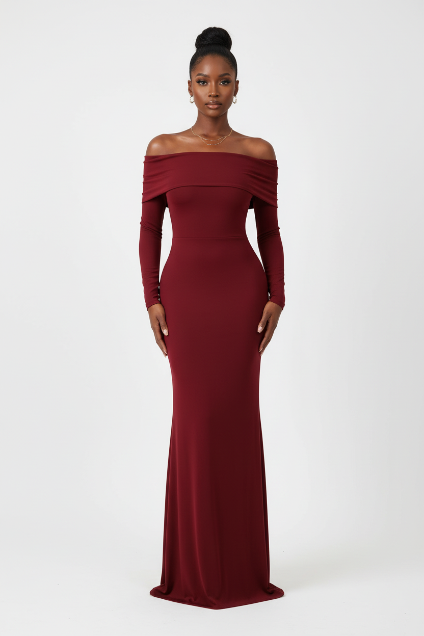 Robe maxi off-shoulder bordeaux avec encolure bardot repliée dévoilant les épaules, découpe cutout dans le dos, manches longues ajustées et coupe moulante sculpturale - vue de face complète montrant la silhouette maxi élancée en polyester bordeaux profond et envoûtant - Mannequin en pose élégante sur fond blanc studio - Collection mode féminine accessible premium Black-Coat