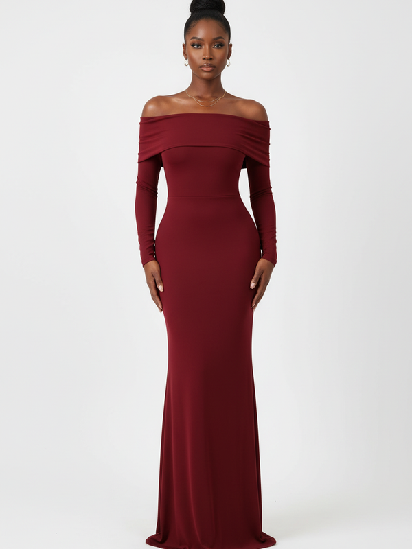 Robe Maxi Off-Shoulder Manches Longues Dos Ouvert - Élégance Sculpturale | Silhouette-Chic
