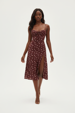 Robe Midi Bordeaux Imprimé Floral avec Fente - Romance Florale | Silhouette-Chic