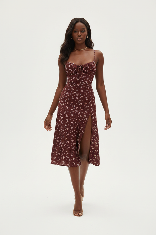 Robe Midi Bordeaux Imprimé Floral avec Fente - Romance Florale | Silhouette-Chic