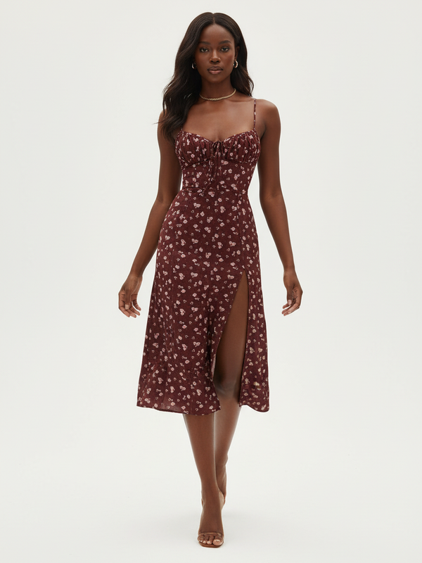 Robe Midi Bordeaux Imprimé Floral avec Fente - Romance Florale | Silhouette-Chic