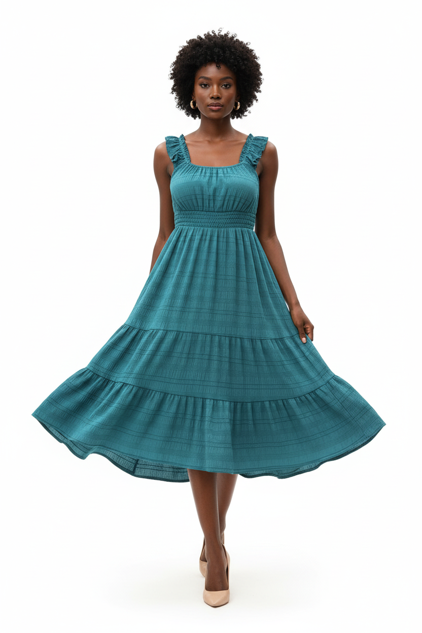 Robe midi sans manches col carré smockée en coton texturé bleu français sarcelle en mouvement sur fond blanc studio - pose dynamique révélant la fluidité et le mouvement gracieux des volants étagés - Style estival chic en action - Collection premium Black-Coat