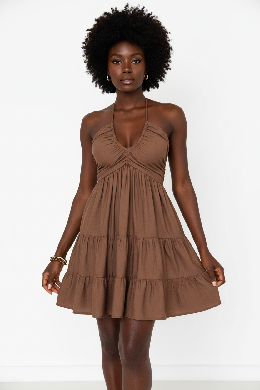 Robe mini halter smockée marron mocha avec col V profond à fronces empire, dos smocké ajustable avec laçage halter et trois niveaux de volants étagés - vue de face complète sur fond blanc studio montrant la silhouette romantique et féminine, le tissu 100% polyester léger en marron mocha chaud et enveloppant - Mannequin en pose estivale élégante - Collection mode féminine accessible premium Black-Coat