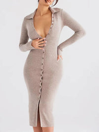Robe Pull Manches Longues Boutons Devant - Classique Raffiné Intemporel | Silhouette-Chic