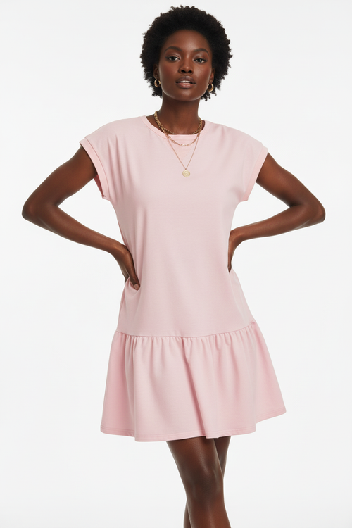 Robe T-Shirt Mini Col Rond Manches Cap À Volant Bas