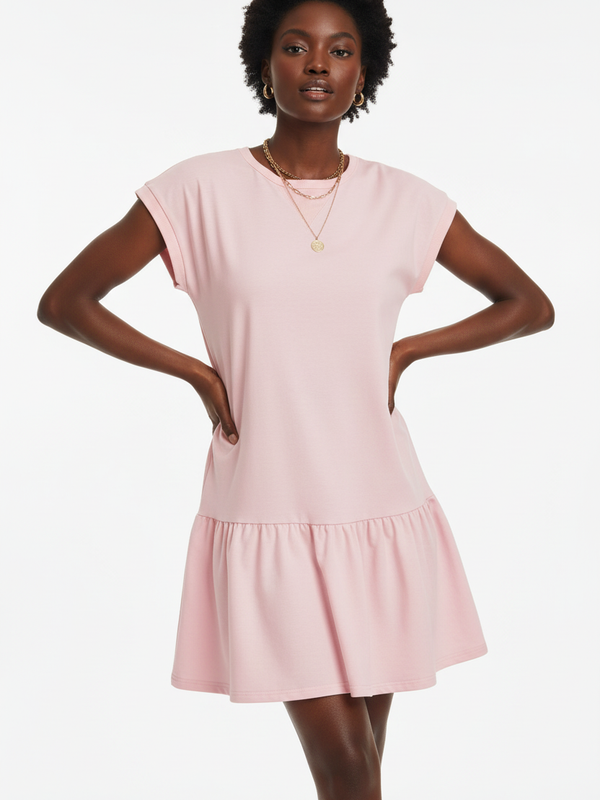 Robe T-Shirt Mini Col Rond Manches Cap À Volant Bas