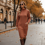 Vue complète face robe pull longue col roulé hiver portée avec boutons, ensemble montrant le col roulé, les boutons, le tricot épais, la longueur maxi, style casual cosy complet
