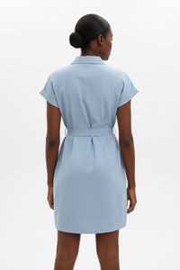 Robe Chemise Mini Boutonnée Col Chemisier Poche Poitrine Ceinture Nouée