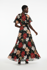 Robe Maxi Fleurie Col V Froufrous Manches Courtes Ceinture Nouée