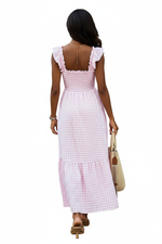 Robe Midi Vichy Sans Manches Smockée Volants — Douceur & Liberté