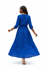 Robe Maxi Chemise Uni Col V Cordon Manches 3/4