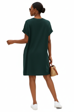 Robe Mini T-Shirt Uni Col Rond Manches Courtes Retroussées Poches Latérales