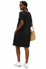Robe Mini T-Shirt Uni Col Rond Manches Courtes Retroussées Poches Latérales