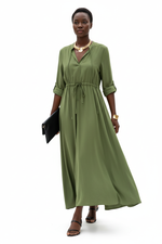 Robe Maxi Chemise Uni Col V Cordon Manches 3/4