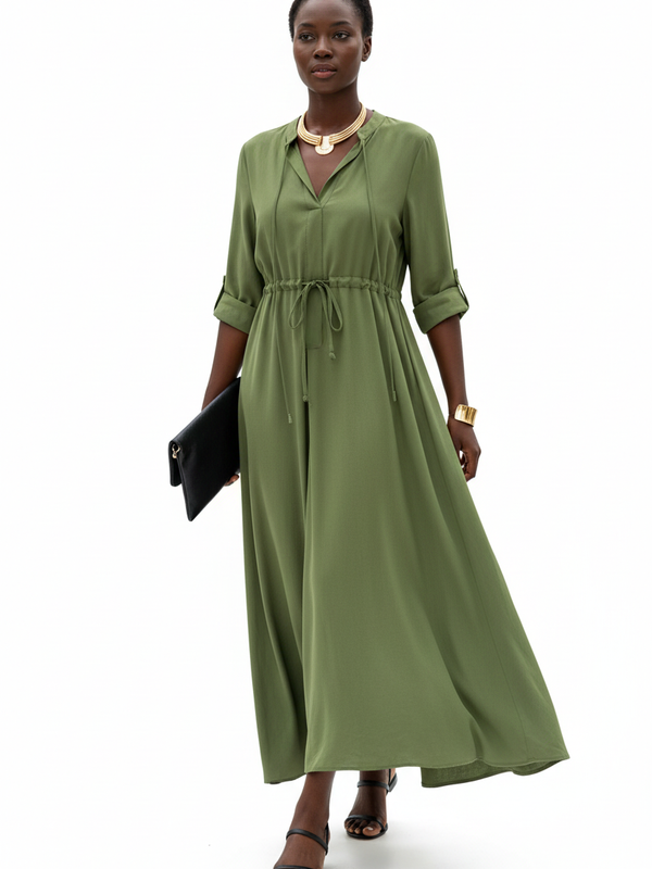 Robe Maxi Chemise Uni Col V Cordon Manches 3/4