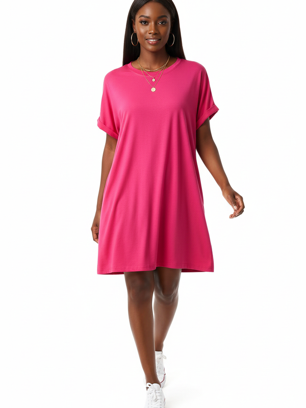 Robe Mini T-Shirt Uni Col Rond Manches Courtes Retroussées Poches Latérales