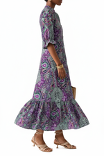 Robe Midi Bohème Imprimé Paisley Volanté Manches Bouffantes