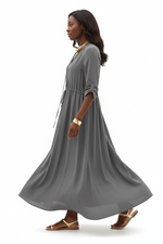 Robe Maxi Chemise Uni Col V Cordon Manches 3/4
