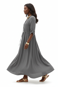 Robe Maxi Chemise Uni Col V Cordon Manches 3/4