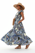 Robe Maxi Imprimée Col V Manches Courtes Taille Smockée Bohème | Silhouette-Chic