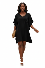 Robe Mini Col V Manches Papillon Volantées Poche Poitrine