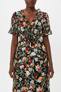 Robe Maxi Fleurie Col V Froufrous Manches Courtes Ceinture Nouée