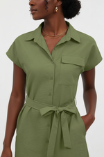 Robe Chemise Mini Boutonnée Col Chemisier Poche Poitrine Ceinture Nouée