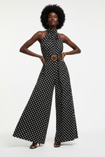 Combinaison Halter Col Mock À Pois Jambes Larges Ceinturée - Chic Estival | Silhouette-Chic