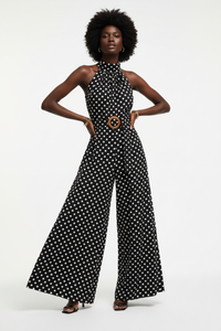 Combinaison Halter Col Mock À Pois Jambes Larges Ceinturée - Chic Estival | Silhouette-Chic