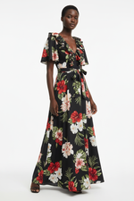 Robe Maxi Fleurie Col V Froufrous Manches Courtes Ceinture Nouée