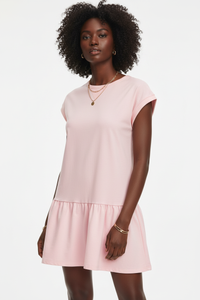 Robe T-Shirt Mini Col Rond Manches Cap À Volant Bas