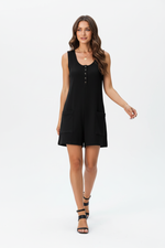 Combi-Short Noir Côtelé Sans Manches Col U Boutons Avec Poches